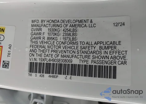 2025 Honda Civic Hybrid Sport Touring z USA, uszkodzony, nr VIN 19XFL4H90SE008069